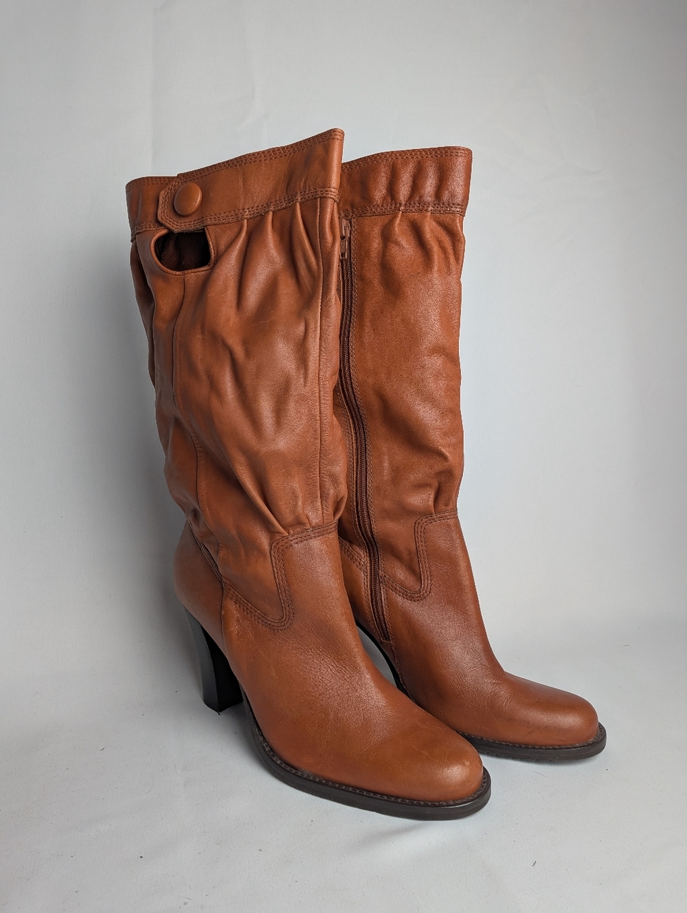 DIBA Armada Loose Leather Women Heels Boots Tan Caramel Color Size 9 Zippers